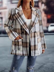 Chiquease Plaid Office Minimalist Jacket For Ladies Fall Cloth For Women - Coffee Brown - View 6