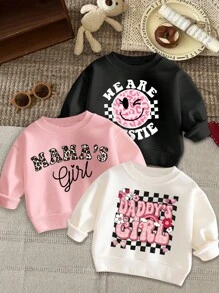 SHEIN 3 件套女婴休闲字母印花保暖内衬长袖运动衫，适合秋冬季 - 粉色 - 查看 1