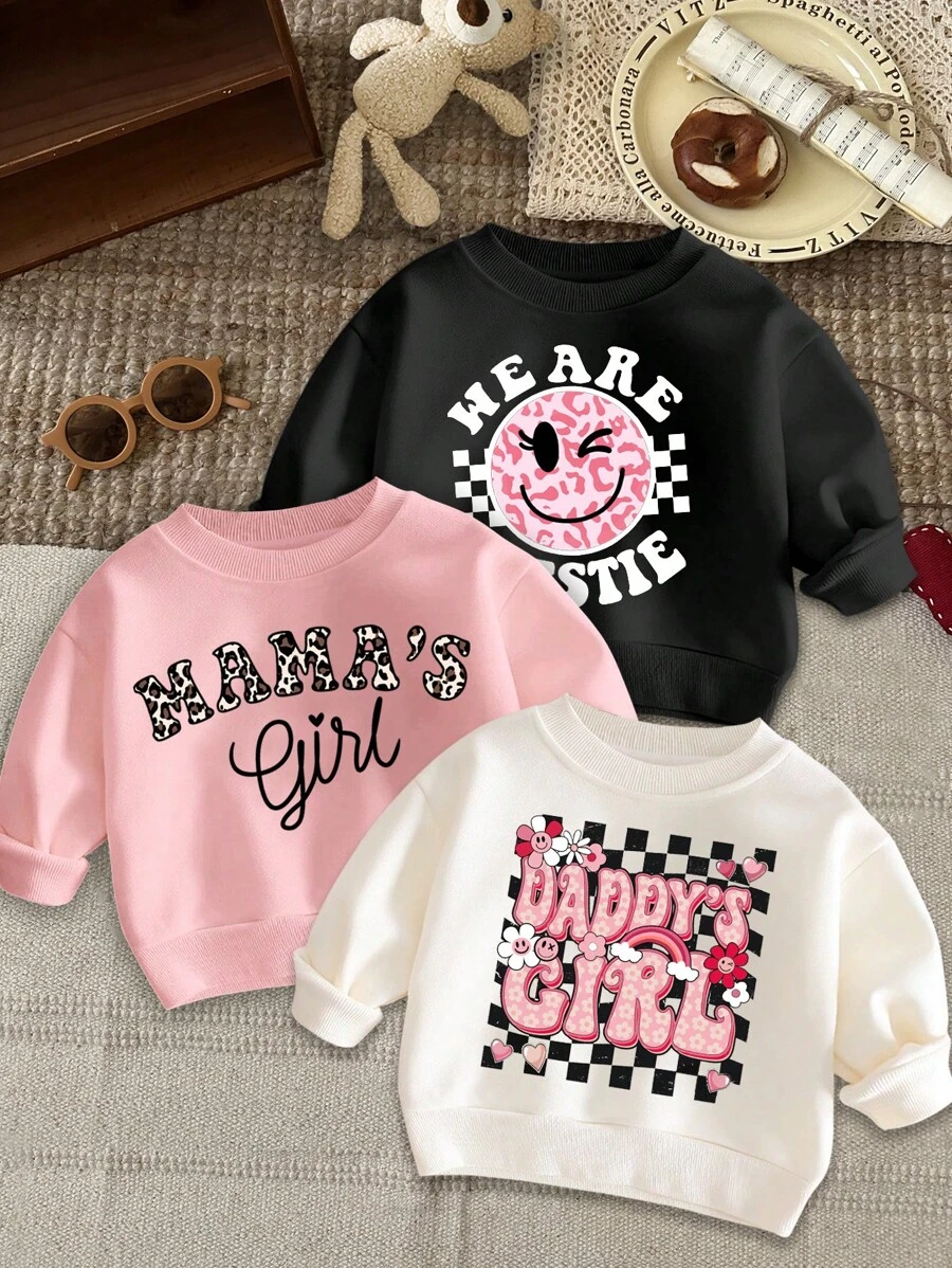 SHEIN 3 件套女婴休闲字母印花保暖内衬长袖运动衫，适合秋冬季 - 粉色 - 查看 1