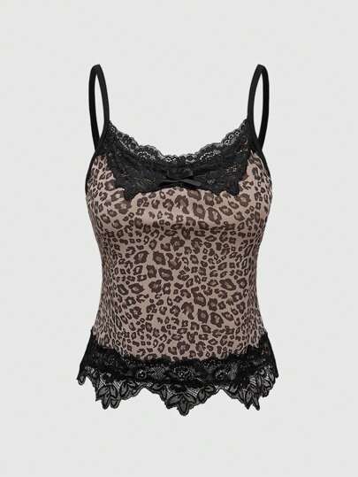 J-Fashion Canottiera aderente da donna in rete, con bordo in pizzo, fiocco e stampa leopardata, stile Gyaru sexy