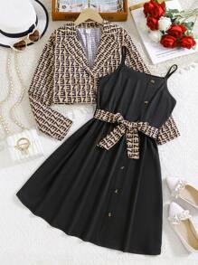 SHEIN 全新经典字母印花连衣裙套装 - 卡其色 - 查看 1