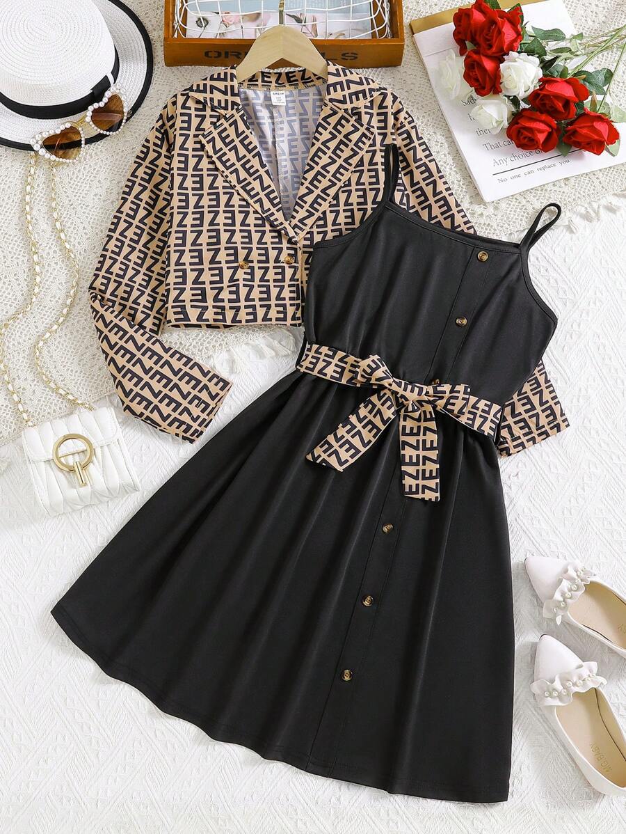 SHEIN New Classic Letter Print Dress Set - Khaki - View 1