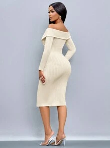 SOLERSUN Đầm nữ mùa thu giản dị, thanh lịch, cài nút ở giữa phía trước, ve vai một đường thẳng và xẻ tà - Màu be - Xem 2