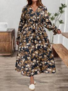 SHEIN LUNE 大码女式花卉印花重叠 V 领长袖优雅连衣裙，适合度假长款女装