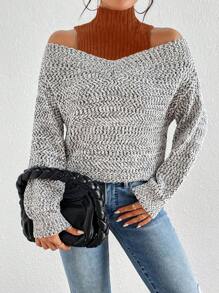 SHEIN LUNE 女士休闲撞色露肩长袖毛衣，秋冬针织套头衫 - 棕色 - 查看 3