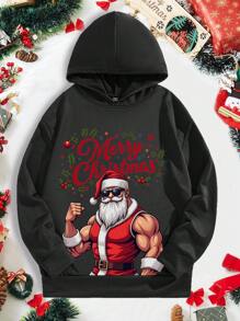 Manfinity VCAY Áo nỉ trùm đầu dài tay in khẩu hiệu Giáng sinh màu đen dành cho nam, áo hoodie họa tiết đi chơi mùa thu/đông, quà tặng cho bạn bè, chồng, bạn trai - màu đen - Xem 1