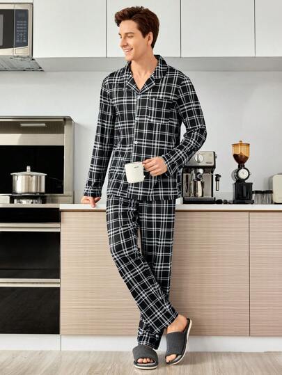 2pcs Men Front Button Long Sleeve Plaid Simple Top And Long Pants Pajama Set, Fall Winter Clothes