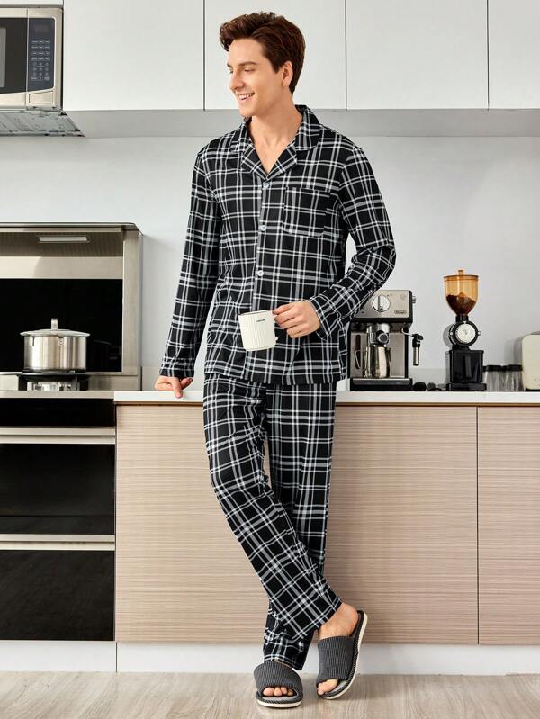 SHEIN EverLounge 2 pièces Ensemble de pyjama homme avec Top à manches longues à boutons devant à carreaux simple et pantalon long, vêtements d'automne et d'hiver