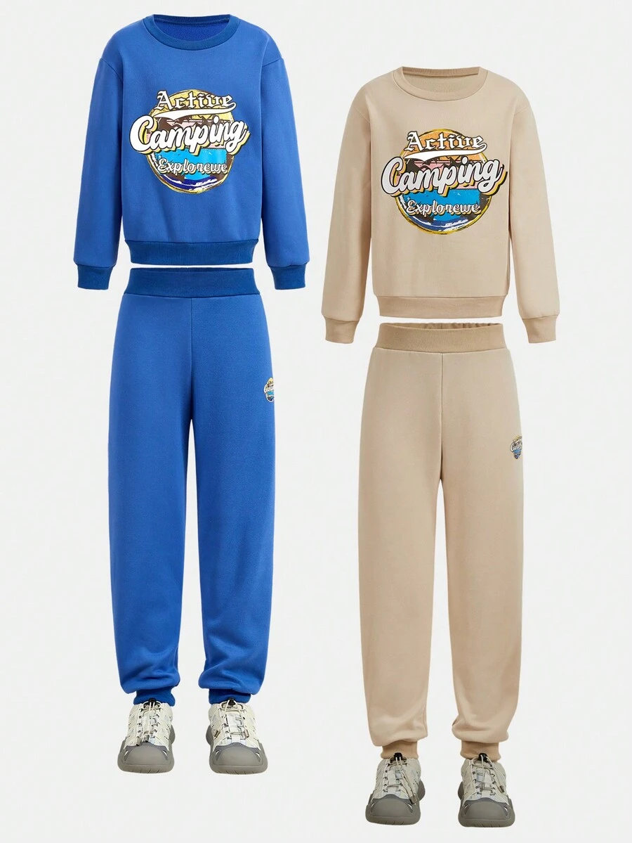 SHEIN Tween Boy 字母与图形印花圆领长袖连帽衫和运动裤休闲套装 - 藍色 - 查看 1
