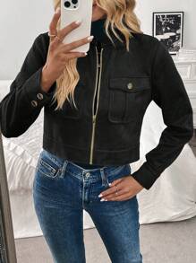 Louniche Women's Autumn/Winter Warm Green Military Jacket With Large Pockets & Metal Buttons, Short Style Fall Cloth For Women