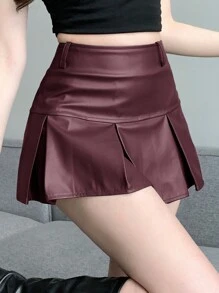 DAZY 女士情人节红色百褶PU皮裙 秋季裙装 皮裙 - 酒紅色 - 查看 4