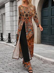 EMERY ROSE 女士全印花圆领长袖休闲上衣和裤子套装 - 棕色 - 查看 4