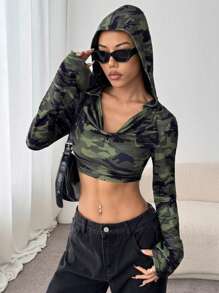 StreetHx Y2K Style Camouflage Drawstring Neck Long Sleeve Fitted Hoodie Pullover Fall - Army Green - View 4