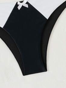 SHEIN Swim 女士单色拼接可爱蝴蝶结设计比基尼泳裤 夏季 - 黑色 - 查看 5