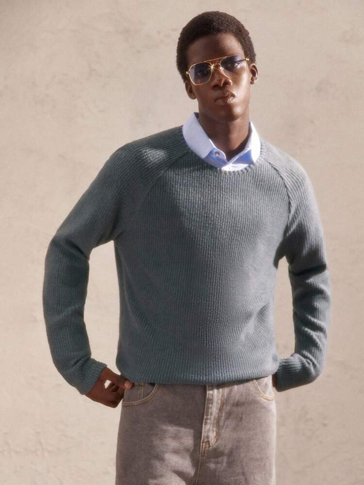 T-shirt casual à manches longues col ras-du-cou uni avec manches raglan pour hommes, convient pour l'automne, cadeau pour le petit ami de l'ancien argent