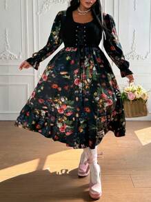 Flirla 大码女童复古风泡泡袖花卉印花喇叭 A 字形连衣裙，带方领和紧身胸衣细节 - 彩色 - 查看 5