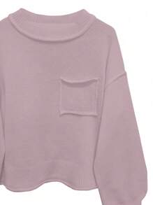 SHEIN LUNE Autumn New Solid Color Frayed Pocket Long Sleeve Top Women Casual Pullover Sweater