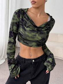 StreetHx Y2K Style Camouflage Drawstring Neck Long Sleeve Fitted Hoodie Pullover Fall - Army Green - View 6