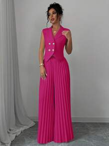 Elenzga 女士纯色前扣无袖简约设计翻领上衣和裙子优雅套装 - 玫紅色 - 查看 1