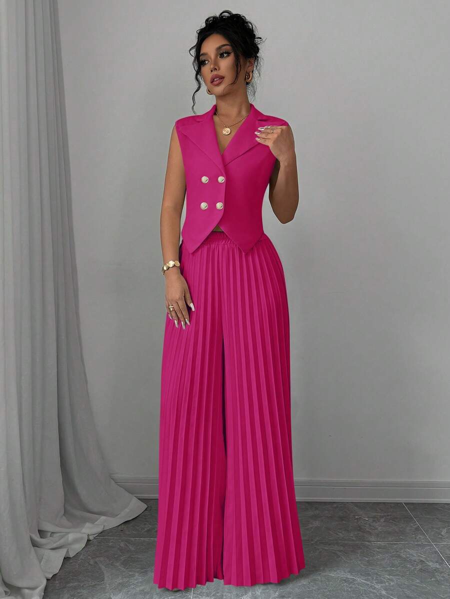 Elenzga 女士纯色前扣无袖简约设计翻领上衣和裙子优雅套装 - 玫紅色 - 查看 1