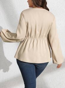 Flirla Plus Size Women Elegant Casual Commuter Solid Color Contrast Color Bowknot Waist A-Line Long Sleeve Shirt, Spring & Autumn