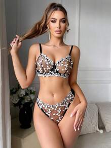 Set de 2 piezas de lencería romántica con diseño floral para mujeres