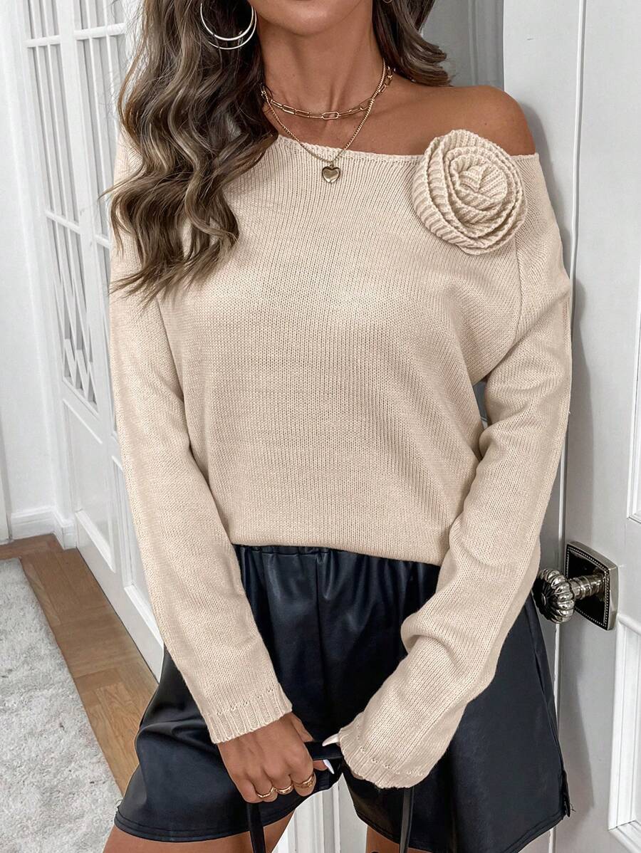 SHEIN Clasi Minimalist Three-Dimensional Flower Drop-Shoulder Sweater For Women Knit Pullover Fall Winter Outfit - Apricot - View 1