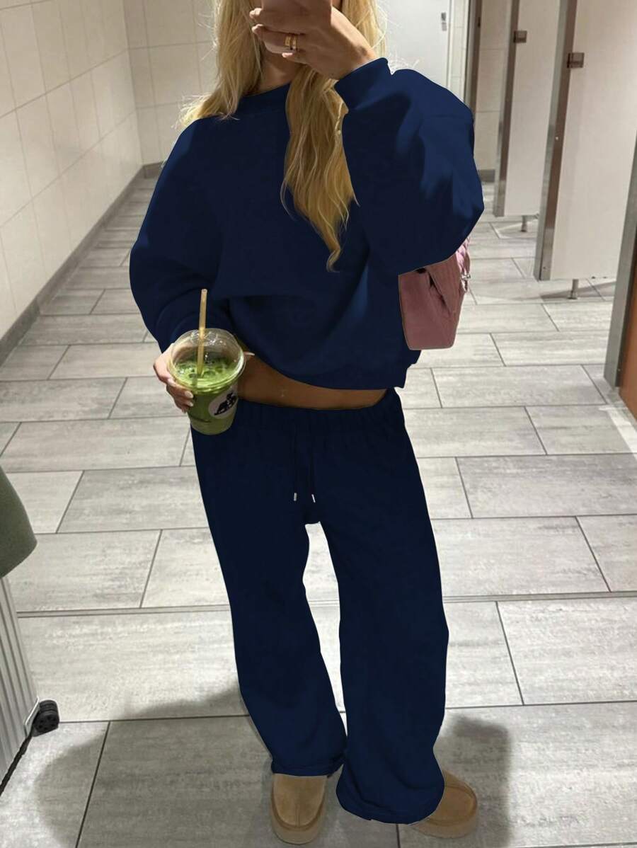 INAWLY 2 件套女士纯色长袖简约上衣和裤子休闲套装 - 寶藍色 - 查看 1