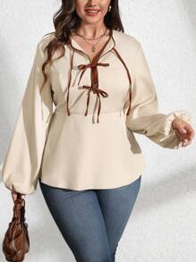 Flirla Plus Size Women Elegant Casual Commuter Solid Color Contrast Color Bowknot Waist A-Line Long Sleeve Shirt, Spring & Autumn