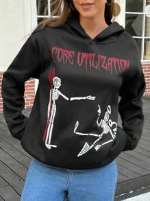 INAWLY Women's English Letter & Skull Ugly Floral/Funny Print Hooded Sweatshirt, Casual Mid-Length Hoody For Autumn & Winter