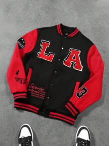 PAVTROS Manfinity Streetrush Men's Casual Colorblock Slogan Print Baseball Jacket, For Fall Winter - Multicolor - View 1