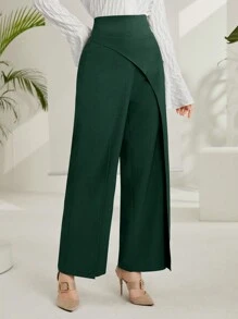 Mulvari Quần dài lưng cao màu trơn cho nữ, trang phục thường ngày - Màu xanh lá cây đậm - Xem 3