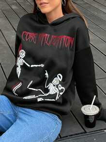 INAWLY Women's English Letter & Skull Ugly Floral/Funny Print Hooded Sweatshirt, Casual Mid-Length Hoody For Autumn & Winter