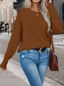 SHEIN LUNE 圆领宽松休闲套头针织衫，秋冬新款 - 鏽棕色 - 查看 3