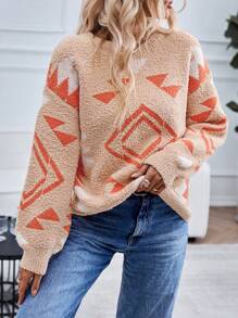 SHEIN LUNE Women Retro Regular Fit Slouchy Geometric Boho Knitted Sweater  Fall Winter Outfit