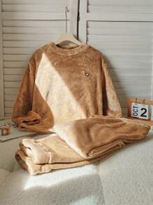 女孩青少年星星刺绣羊毛圆领长袖和裤子套装，适合秋冬季、家庭聚会、派对 - 棕色 - 查看 1