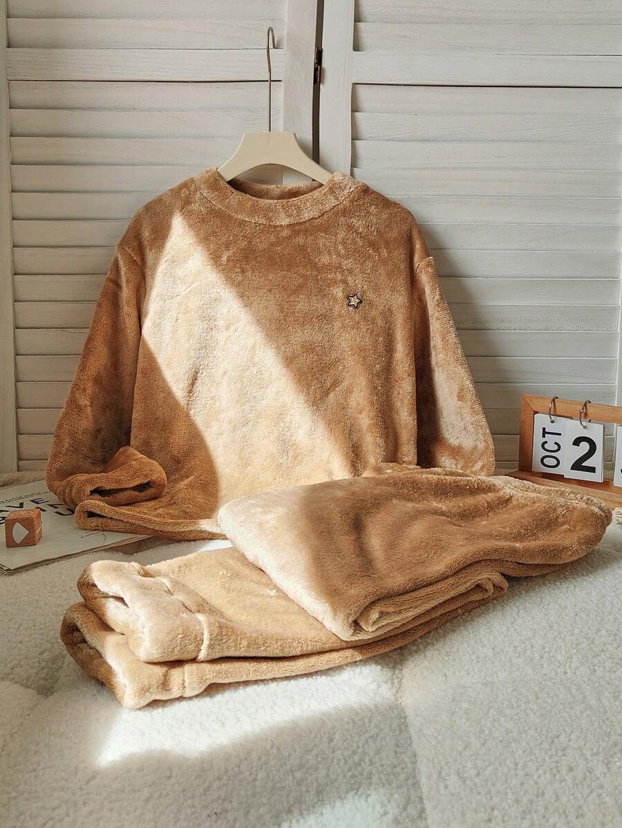 女孩青少年星星刺绣羊毛圆领长袖和裤子套装，适合秋冬季、家庭聚会、派对 - 棕色 - 查看 1