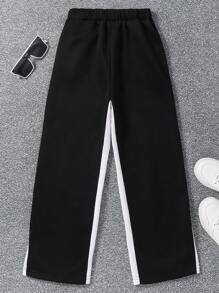 SHEIN Tween Boy 撞色拼布字母印花松紧腰斜口袋运动运动裤 - 黑色 - 查看 2