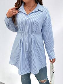 Calvaya Plus Size Casual Striped Pleated Cinched Waist Shirt, Autumn - Blue - View 5