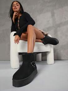 SHUZIA Giày bốt cổ cao đế xuồng cho nữ ấm áp - màu đen - Xem 1