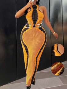 大码撞色露背针织性感无袖毛衣裙 - 彩色 - 查看 1