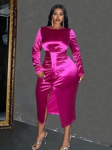 Maweii 女士大码优雅扭褶设计针织缎纹长袖派对连衣裙，秋冬 - 玫紅色 - 查看 4