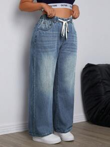 SHEIN EZwear Plus Size Casual Drawstring Waist Side Pockets Loose Straight Leg Warm Denim Thermal Jeans Thickened Denim - Medium Wash - View 13