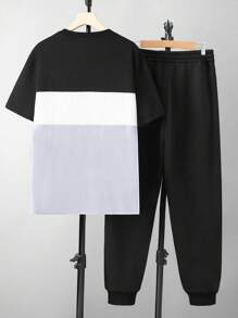 Manfinity Homme Men's Color Block Crew Neck Short Sleeve Casual T-Shirt And Drawstring Waist Cuffed Leg Pants 2-Piece Set - Grey - View 2
