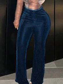 Slaydiva Plus Size Elegant Solid Color Slim Flare Pants, Autumn - Blue - View 5