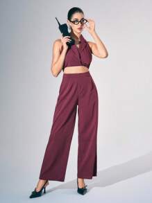 Zolique Women's Notched Collar Sleeveless Striped Minimalist Top And Long Pants Suit Set,Business Casual Women,Office Wear Women ,Old Money Style,Office Wear Women