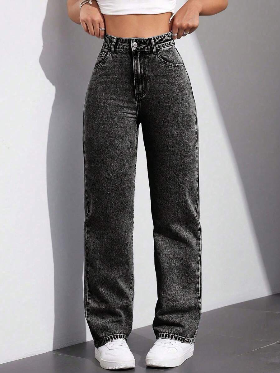 SHEIN EZwear 1 件女式休闲简约前扣口袋牛仔裤，日常穿着 - 灰色 - 查看 1