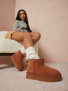 SHUZIA Women's Pull-On Faux Suede Flatform Booties For Summer Shoes Spring Shoes Spring Break Easter For Christmas Valentine's Day - Camel - View 3