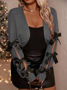 Juhart 大码纯色短款打结休闲长袖开衫，适合冬季 - 深灰色 - 查看 6