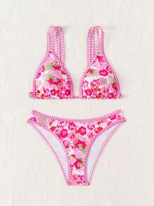 Set di bikini estivo da donna, composto da un top alla halter a quadri e floreale e pantaloni con vita con cordoncino - Multicolore - Visualizzare 8